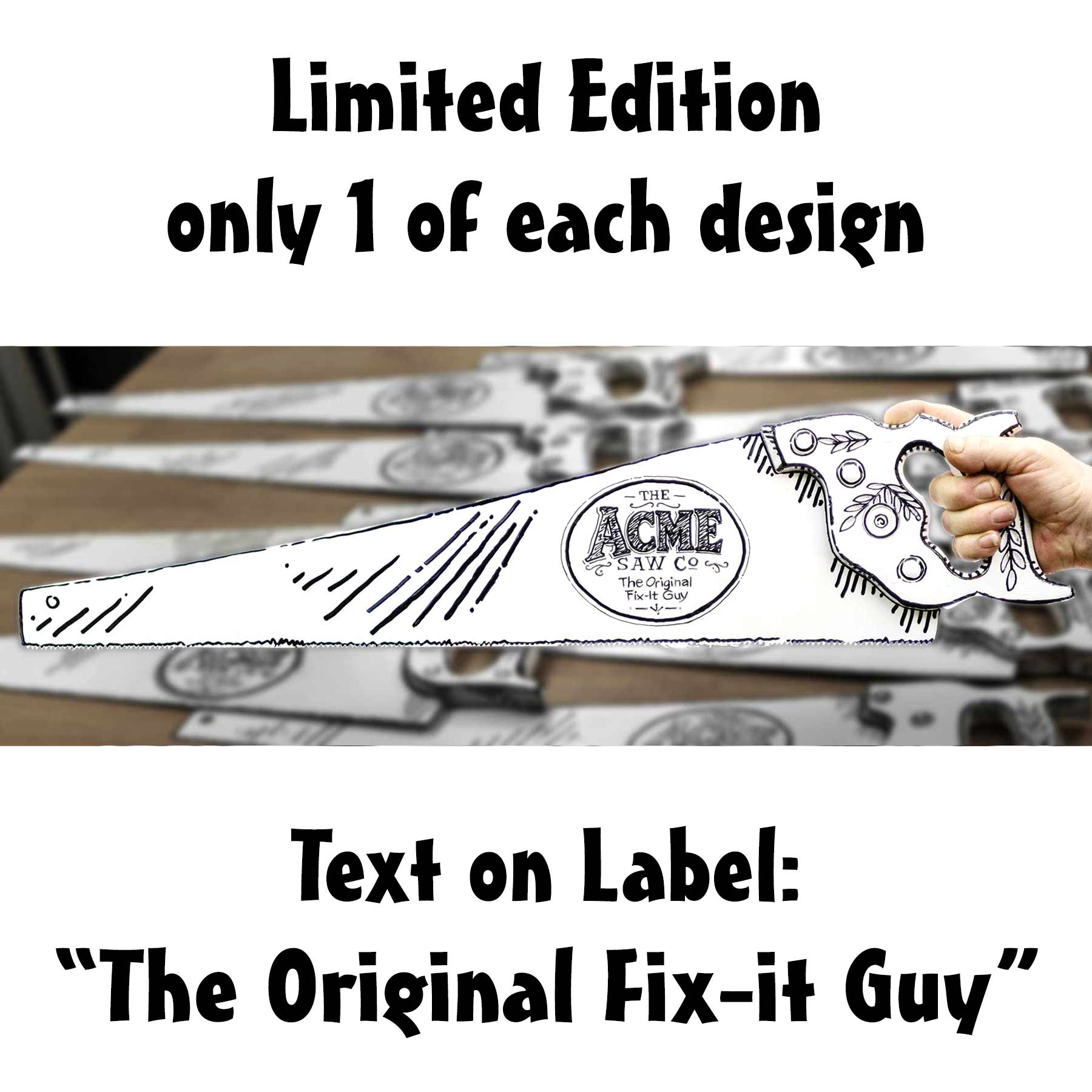 Hand-painted white vintage handsaw with black comic-style artwork, Acme Saw Co. label, and the phrase My Other Saw Is Louder, held in a hand with The Saw Lady logo in the background.