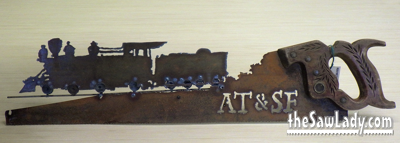 Steam Engine Saw Art, Vintage Train Gift on Antique Handsaw - Image 2
