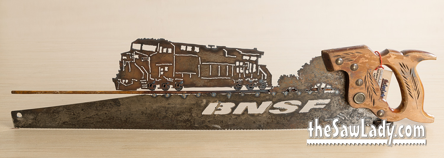 Steam Engine Saw Art, Vintage Train Gift on Antique Handsaw - Image 3