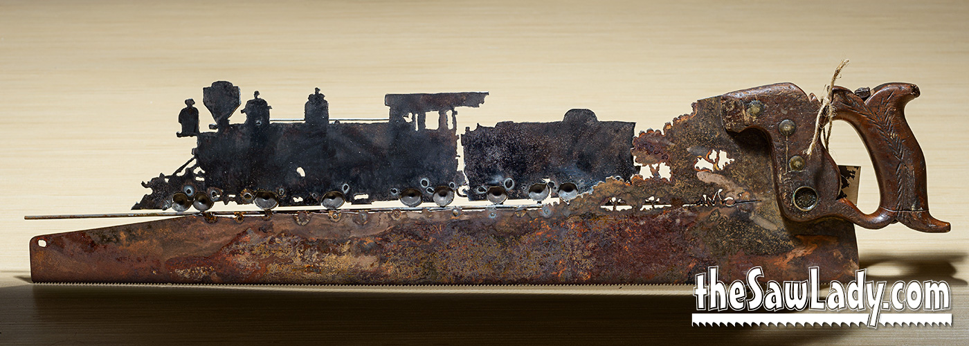 Steam Engine Saw Art, Vintage Train Gift on Antique Handsaw - Image 5