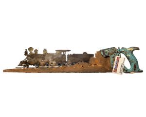 Vintage antique handsaw wall art featuring a steam engine train, rustic railroad gift for train lovers, dads, grandpas, and collectors.