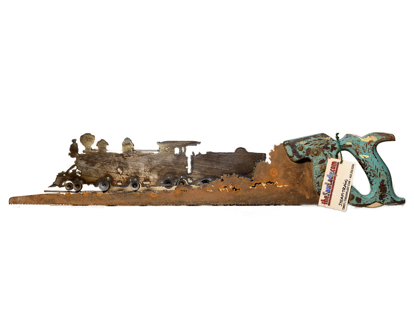 Vintage antique handsaw wall art featuring a steam engine train, rustic railroad gift for train lovers, dads, grandpas, and collectors.